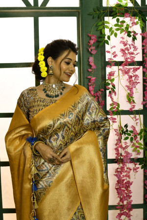 Yellow color soft silk saree with digital printed work