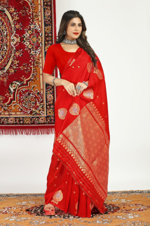 Red color kanchipuram silk saree with zari weaving work