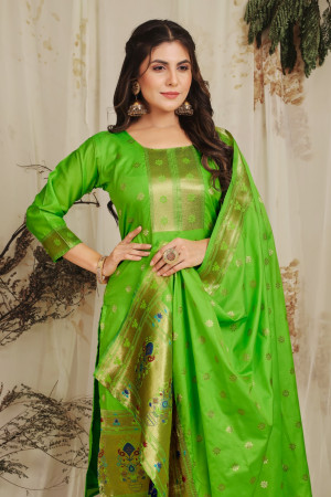 Parrot green color paithani silk unstitched dress