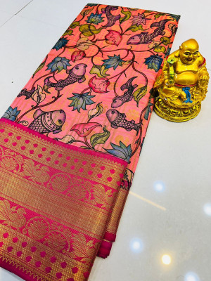 Gajari color kanchipuram silk saree with kalamkari weaving work