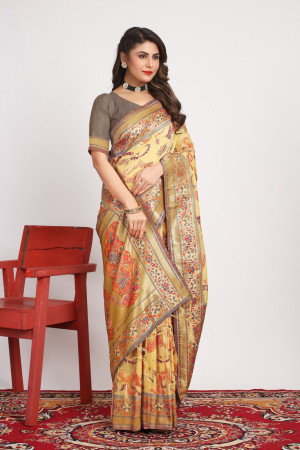 Light yellow color cotton silk saree with woven design