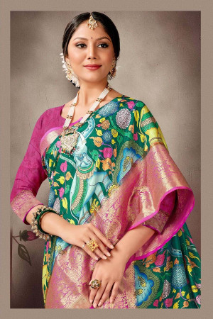 Rama green color dola silk saree with digital printed work