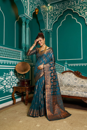Firoji color katan silk saree with zari weaving work
