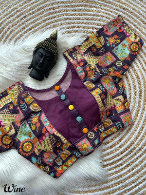 Wine color malai silk with multi codding work blouse