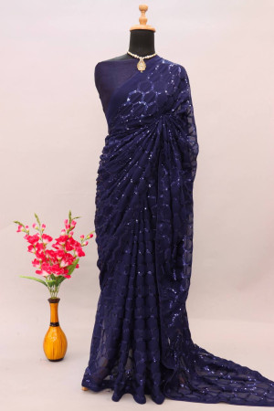 Navy blue color georgette saree with sequence work