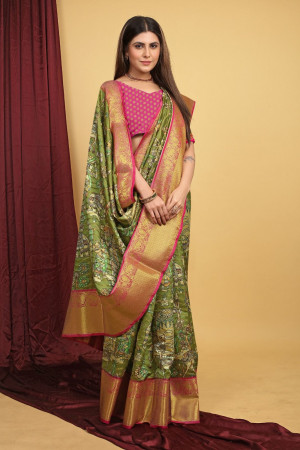Mahendi green color kanchipuram silk saree with digital printed work