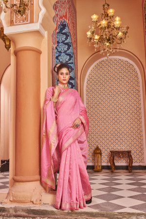 Pink color soft cotton saree with weaving work