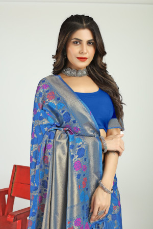 Blue color banarasi silk saree with zari weaving work