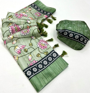 Pista green color tussar silk saree with digital printed work