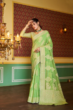 Parrot green color soft cotton saree with lakhnavi work
