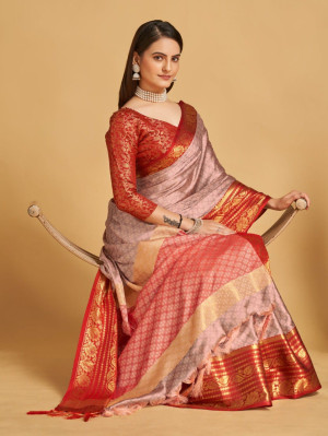Peach color cotton silk saree with woven design