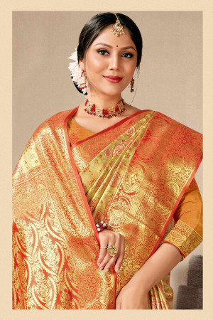Beige color kanchipurm silk saree with zari weaving work