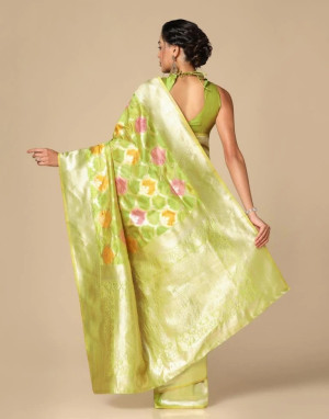 Parrot green color soft organza silk saree with zari weaving work