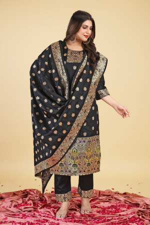 Black color paithani silk unstitched dress