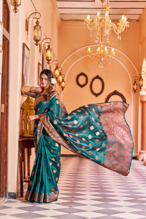 Rama green color katan silk saree with zari weaving work