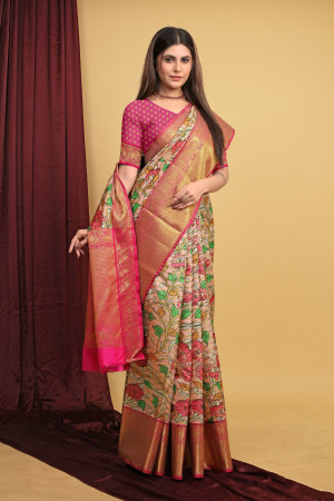 Pink color kanchipuram silk saree with digital printed work
