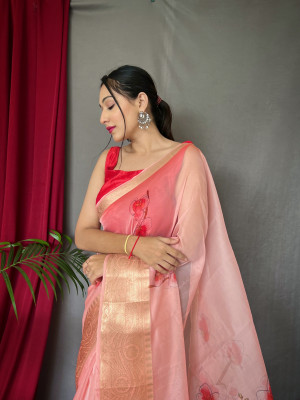 Peach color soft organza silk saree with digital printed work