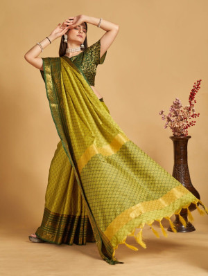 Mahendi green color cotton silk saree with woven design