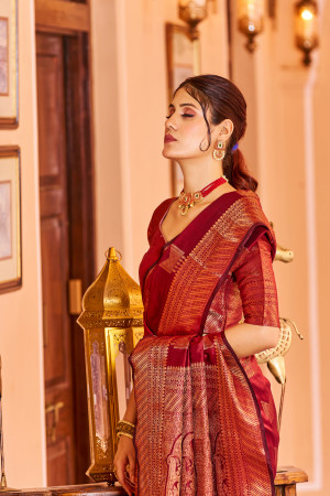 Red color katan silk saree with zari weaving work