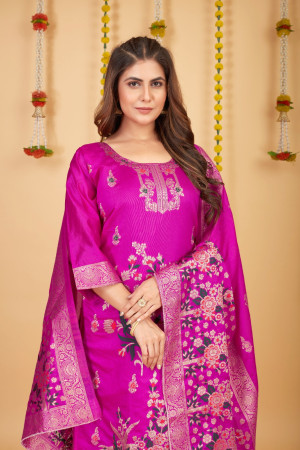 Rani pink color paithani silk unstitched dress