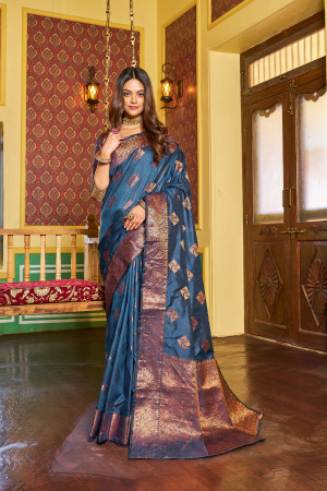 Navy blue color katan silk saree with zari weaving work