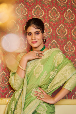Parrot green color soft cotton saree with lakhnavi work