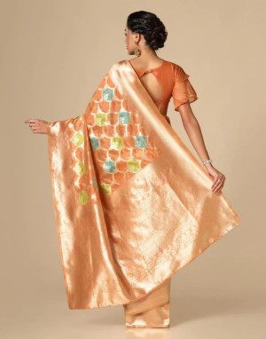 Orange color soft organza silk saree with zari weaving work