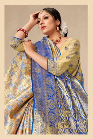 Royal blue color kanchipurm silk saree with zari weaving work