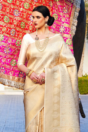 Off white color soft silk saree with zari weaving work