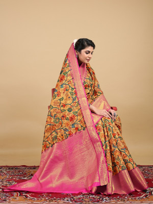 Beige color kanchipuram silk saree with digital printed work