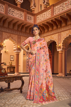 Light peach color banarasi silk saree with woven design