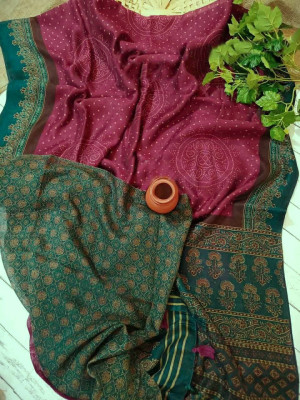 Pink and blue color soft linen cotton saree with printed work