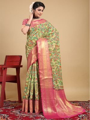 Pista green color kanchipuram silk saree with digital printed work