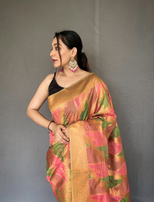 Multi color tissue silk saree with zari weaving work