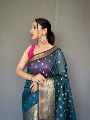 Firoji color organza silk saree with zari weaving work