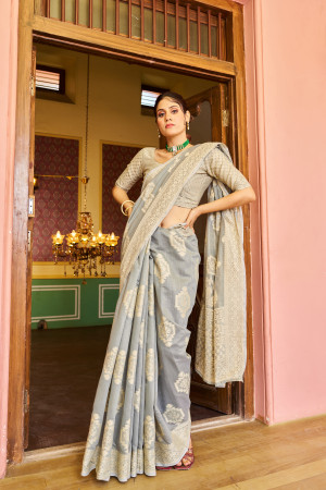 Gray color soft cotton saree with lakhnavi work