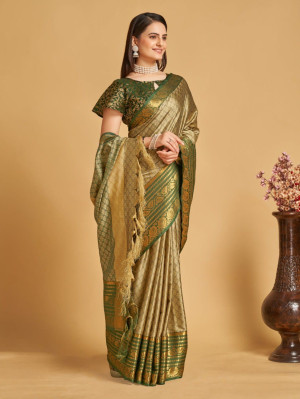 Beige color cotton silk saree with woven design