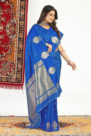 Royal blue color kanchipuram silk saree with zari weaving work