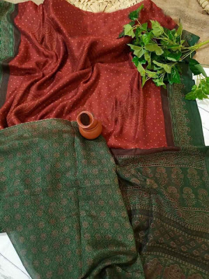 Red and green color soft linen cotton saree with ajrakh printed work