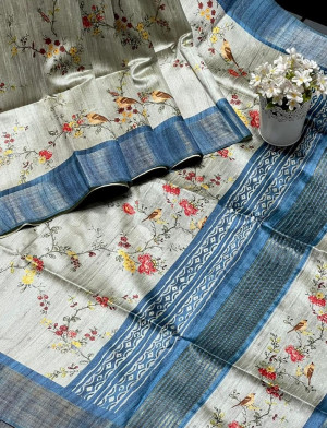 Navy blue color tussar silk saree with printed work