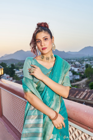 Rama green color kota doriya saree with zari weaving work