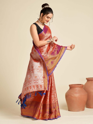 Orange color tissue silk saree with zari weaving work