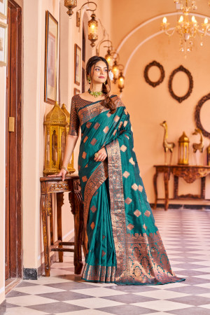 Rama green color katan silk saree with zari weaving work