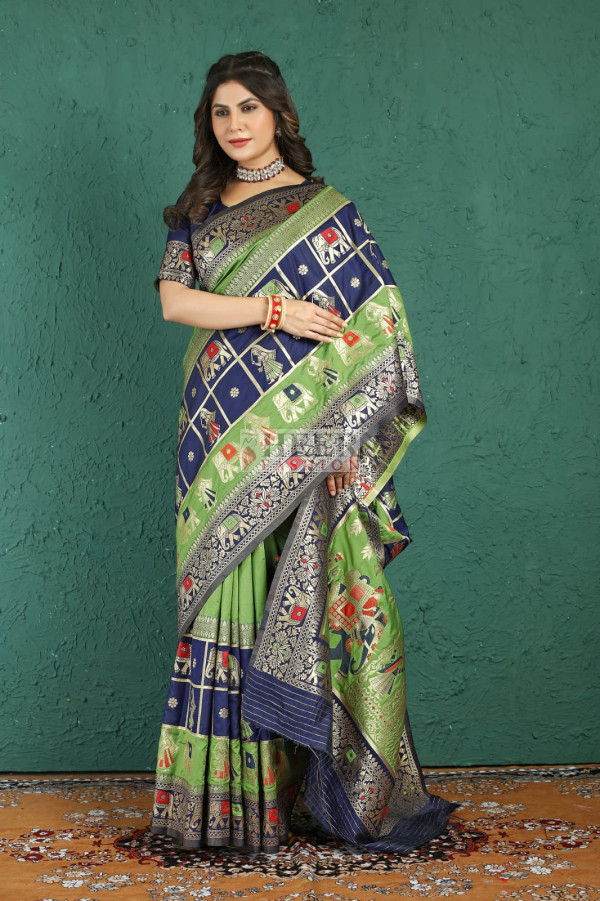 Mahendi Green Linen Sequins Woven Printed Saree main image 0