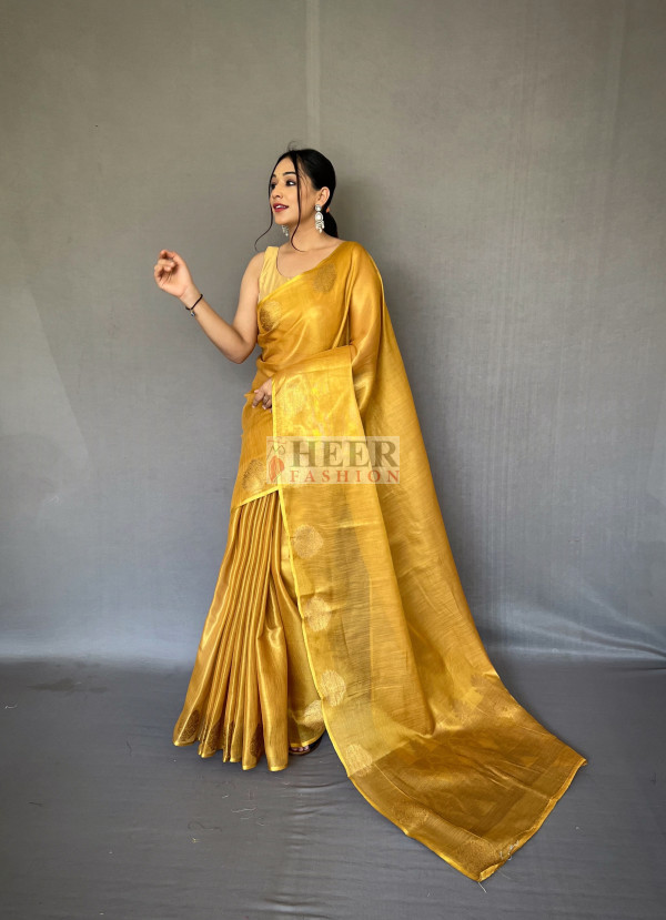 Mustard Yellow Tussar Silk Saree With Purple Border and Pallu – Thearyavart