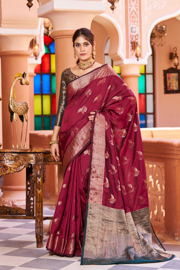 Deep Maroon Banarasi Handloom Soft Silk Saree - Aura Benaras