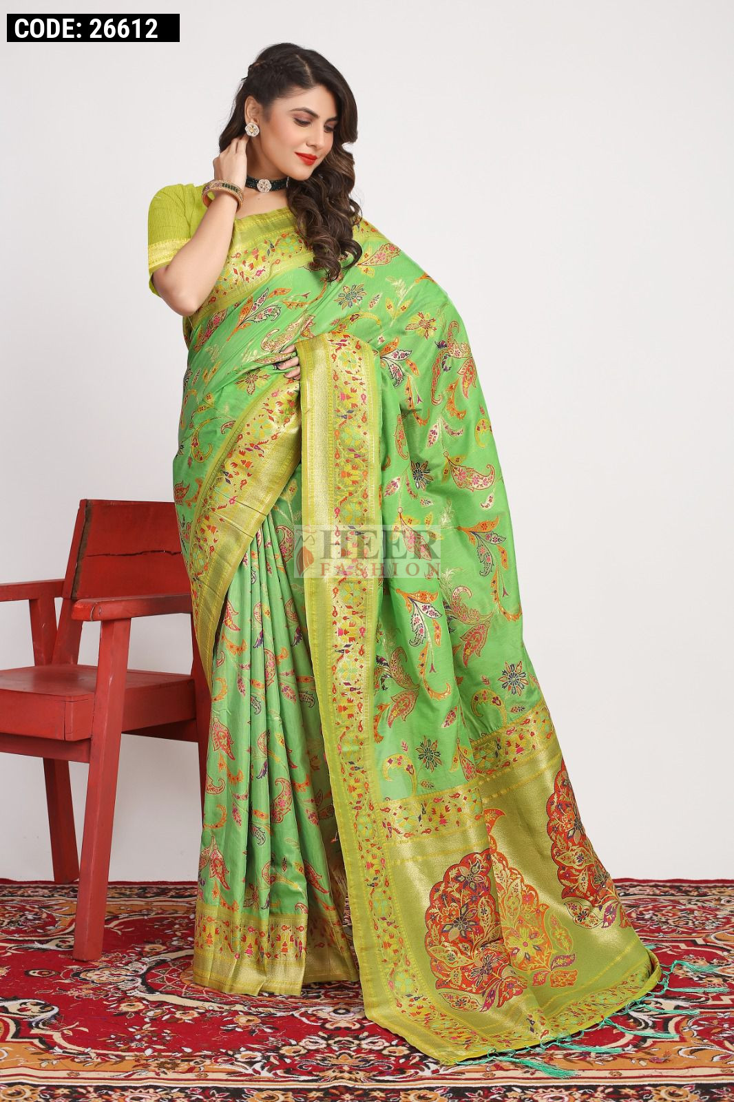 Parrot green color cotton silk saree with woven design