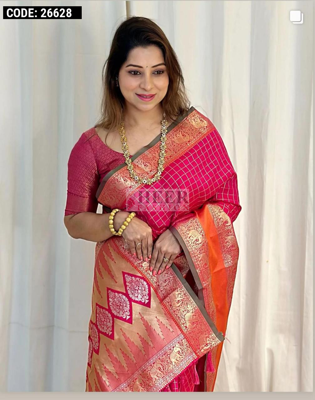 Pink color cotton silk saree with zari weaving work