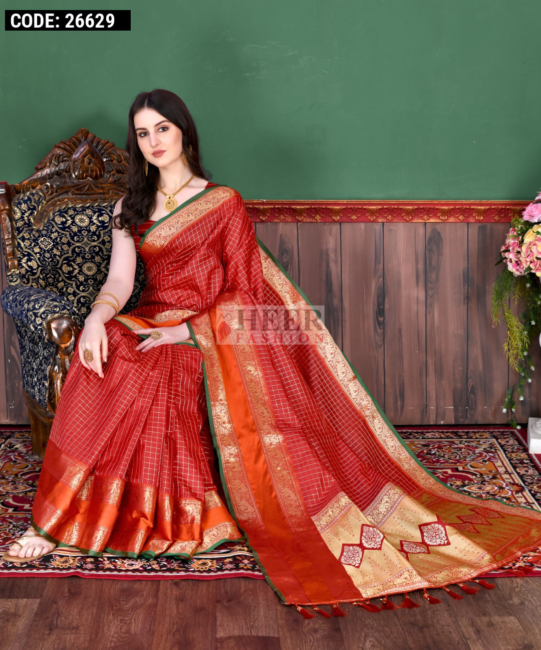 Red Satin Silk Saree with zari woven striped pattern and contrast Brocade blouse