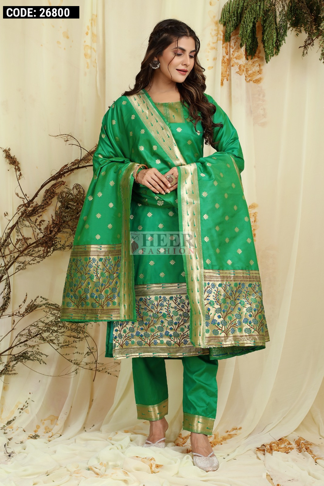 Green color paithani silk unstitched dress